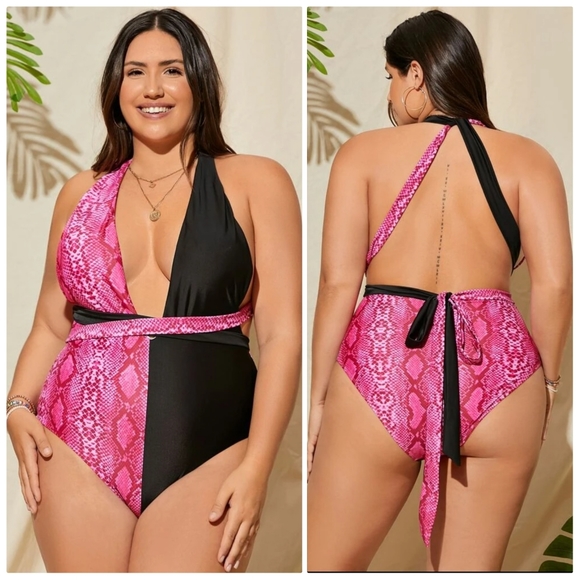 None Other - Plus Size Pink Snakeskin Plunging One Piece Style Swimsuit Bathing Suit